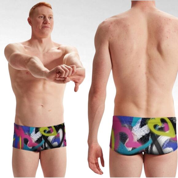 NWT SPEEDO Men's Printed Euro Swim Bottom Brief Blue/Pink/Yellow Size 26 - Picture 1 of 8